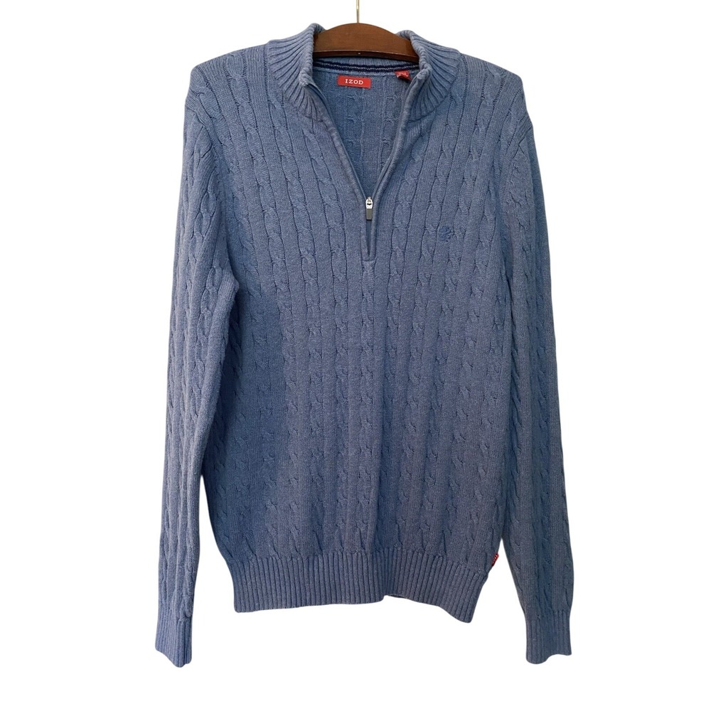 IZOD Mens Cable Knit Quarter Zip Pullover‎ Sweater Blue Small